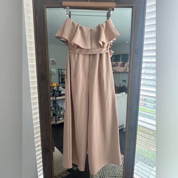 Aritzia Babaton Blush Pink Strapless Neck Ruffle Detail Flutter Jumpsuit - Picture 8 of 10